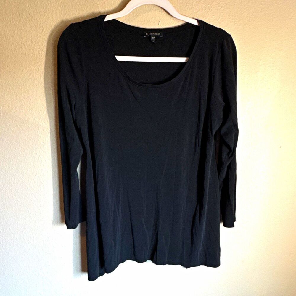 Eileen Fisher Women’s Blouse Size PL Petite Black 100% Silk Scoop Neck 3/4